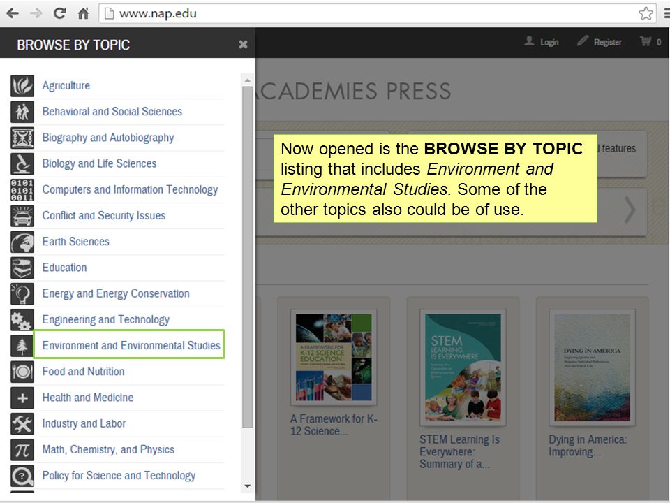 Now opened is the BROWSE BY TOPIC listing that includes Environment and Environmental Studies.