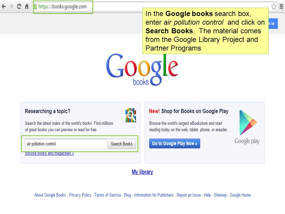 In the Google books search box, enter air pollution control and click on Search Books.