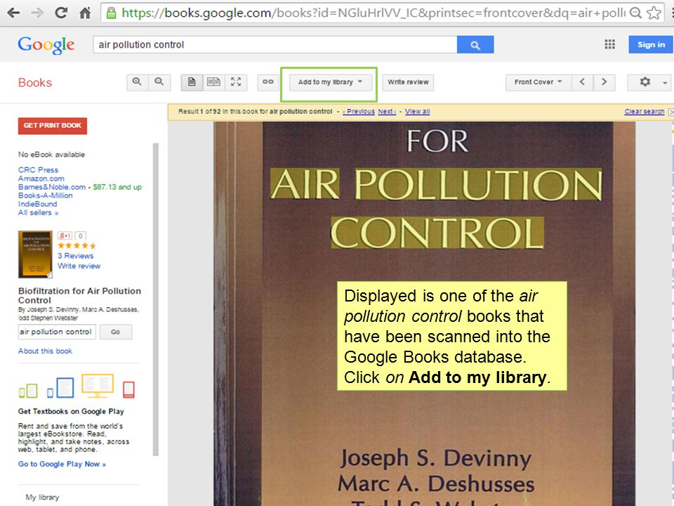 Displayed is one of the air pollution control books that have been scanned into the Google Books database.