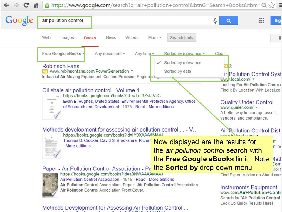 Now displayed are the results for the air pollution control search with the Free Google eBooks limit.