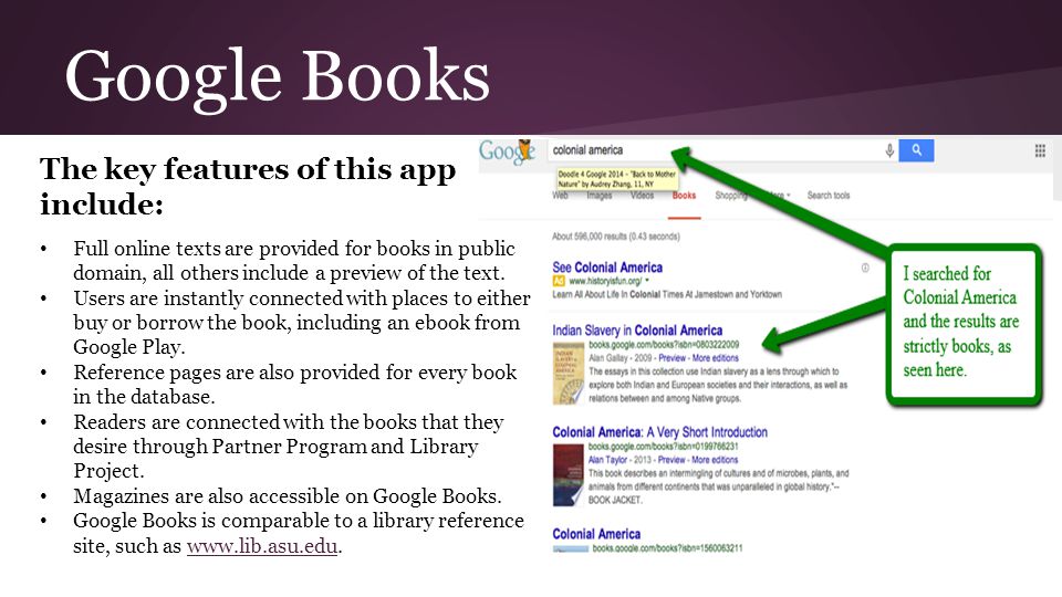 Google Books The key features of this app include: Full online texts are provided for books in public domain, all others include a preview of the text.