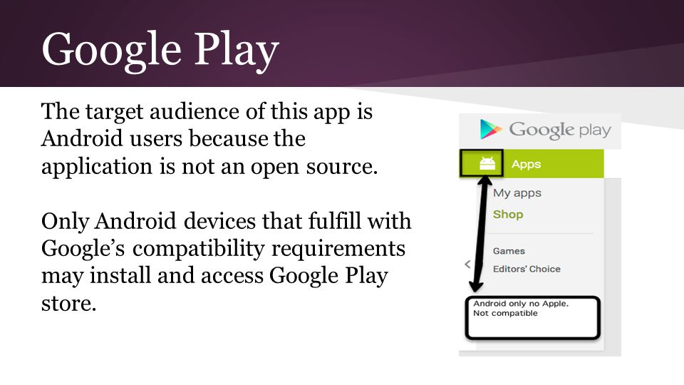 Google Play The target audience of this app is Android users because the application is not an open source.