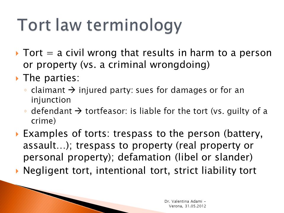  Tort = a civil wrong that results in harm to a person or property (vs.