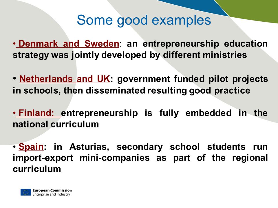 Some good examples Denmark and Sweden: an entrepreneurship education strategy was jointly developed by different ministries Netherlands and UK: government funded pilot projects in schools, then disseminated resulting good practice Finland: entrepreneurship is fully embedded in the national curriculum Spain: in Asturias, secondary school students run import-export mini-companies as part of the regional curriculum