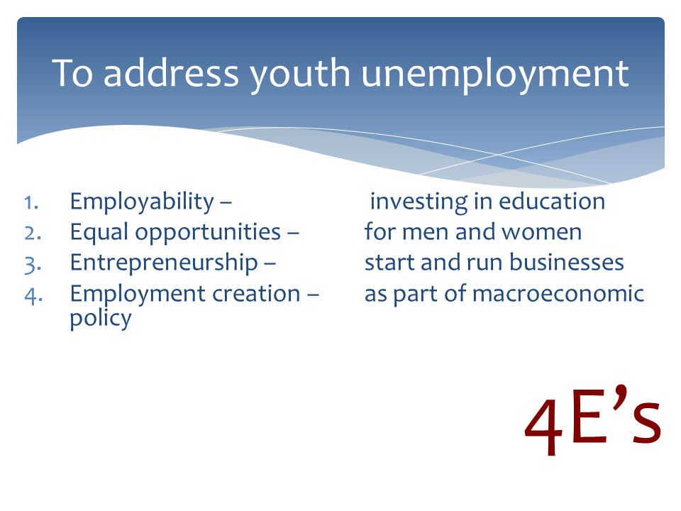 1.Employability – investing in education 2.Equal opportunities – for men and women 3.Entrepreneurship – start and run businesses 4.Employment creation – as part of macroeconomic policy 4E’s To address youth unemployment