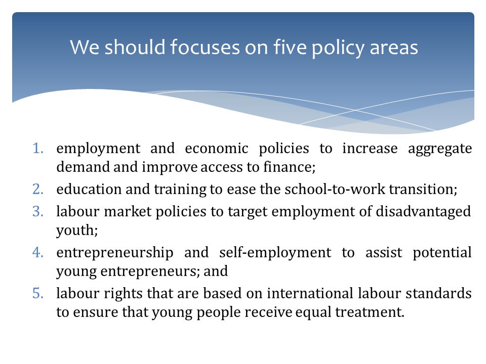 1.employment and economic policies to increase aggregate demand and improve access to finance; 2.education and training to ease the school-to-work transition; 3.labour market policies to target employment of disadvantaged youth; 4.entrepreneurship and self-employment to assist potential young entrepreneurs; and 5.labour rights that are based on international labour standards to ensure that young people receive equal treatment.