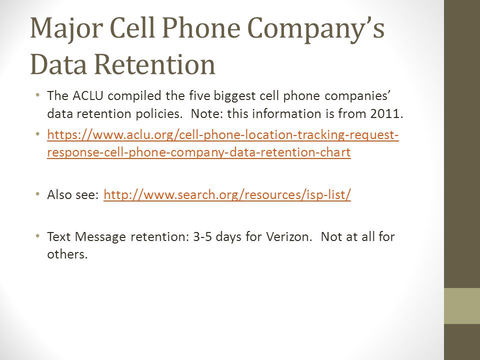 Cell Phone Company Data Retention Chart
