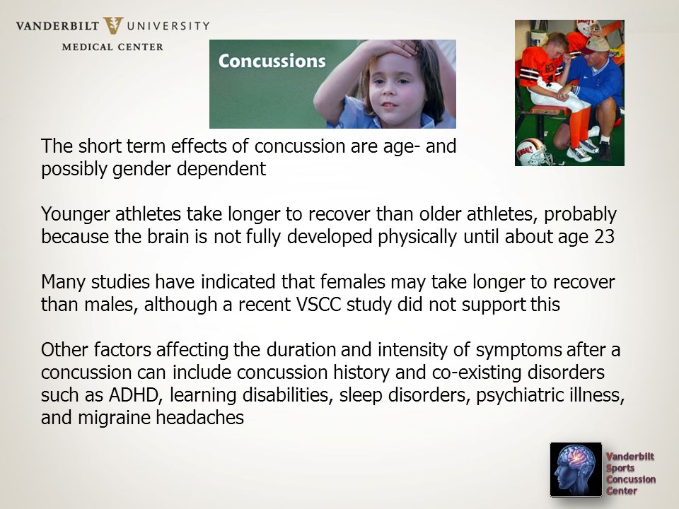 The short term effects of concussion are age- and possibly gender dependent Younger athletes take longer to recover than older athletes, probably because the brain is not fully developed physically until about age 23 Many studies have indicated that females may take longer to recover than males, although a recent VSCC study did not support this Other factors affecting the duration and intensity of symptoms after a concussion can include concussion history and co-existing disorders such as ADHD, learning disabilities, sleep disorders, psychiatric illness, and migraine headaches