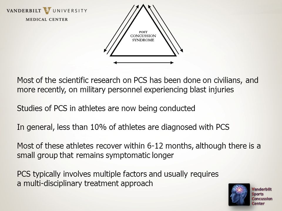 Most of the scientific research on PCS has been done on civilians, and more recently, on military personnel experiencing blast injuries Studies of PCS in athletes are now being conducted In general, less than 10% of athletes are diagnosed with PCS Most of these athletes recover within 6-12 months, although there is a small group that remains symptomatic longer PCS typically involves multiple factors and usually requires a multi-disciplinary treatment approach