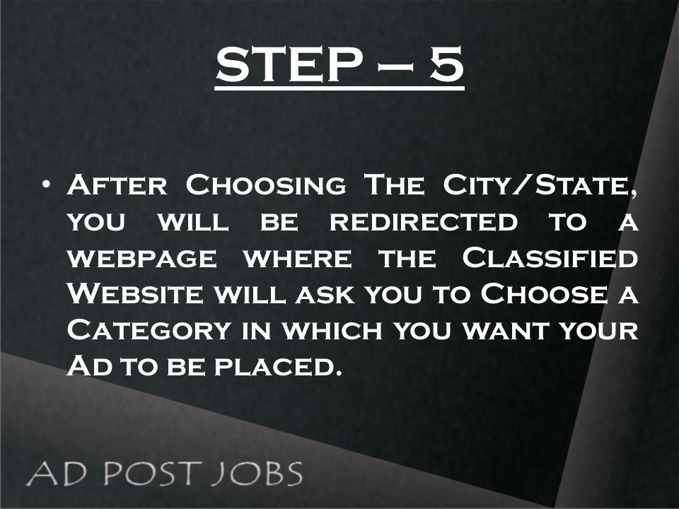 STEP – 5 After Choosing The City/State, you will be redirected to a webpage where the Classified Website will ask you to Choose a Category in which you want your Ad to be placed.