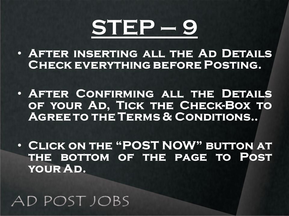 STEP – 9 After inserting all the Ad Details Check everything before Posting.