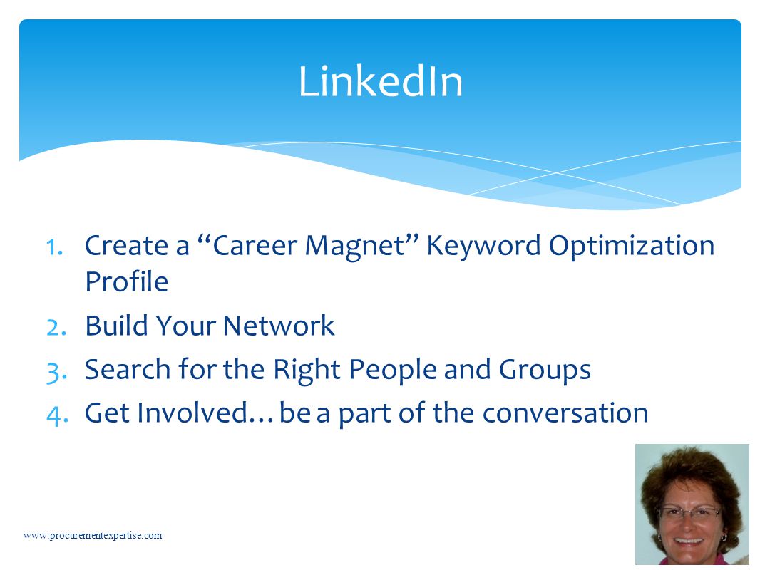 1.Create a Career Magnet Keyword Optimization Profile 2.Build Your Network 3.Search for the Right People and Groups 4.Get Involved…be a part of the conversation   LinkedIn