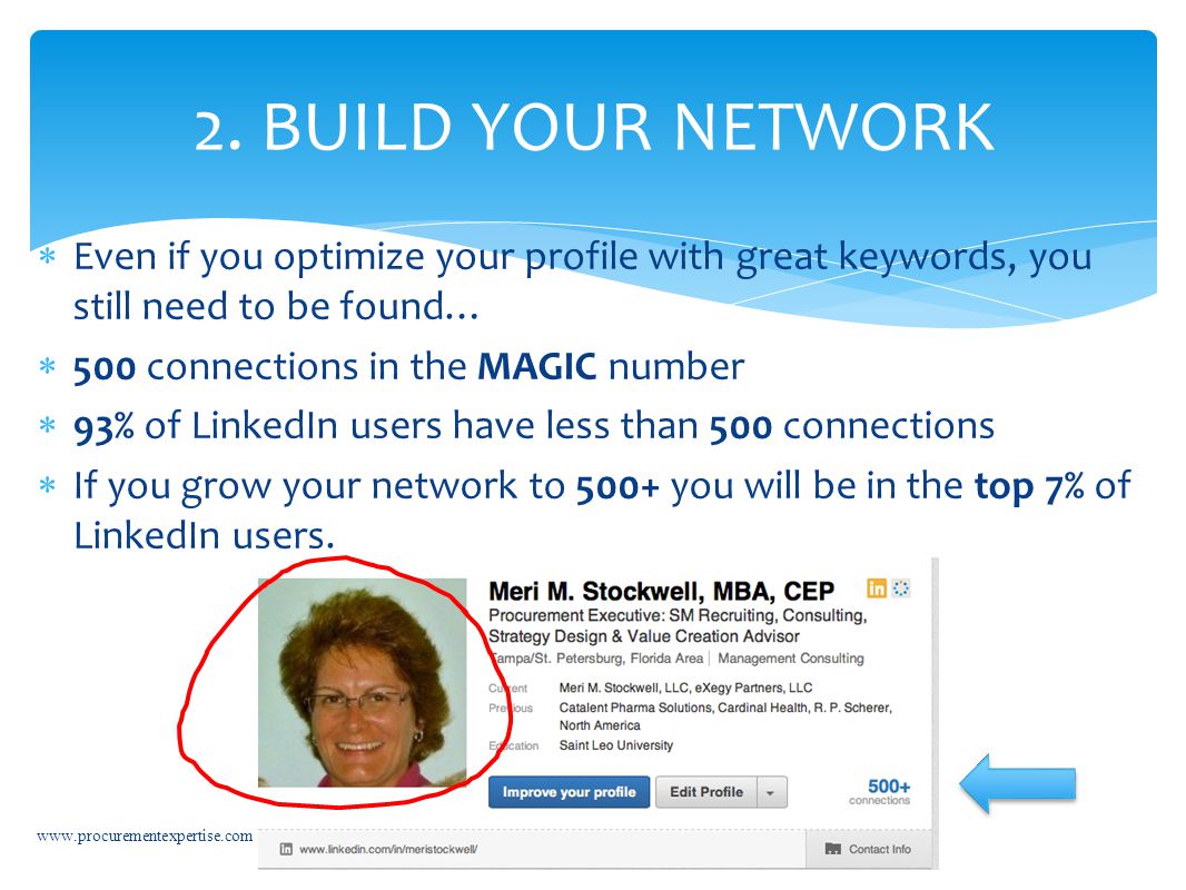  Even if you optimize your profile with great keywords, you still need to be found…  500 connections in the MAGIC number  93% of LinkedIn users have less than 500 connections  If you grow your network to 500+ you will be in the top 7% of LinkedIn users.