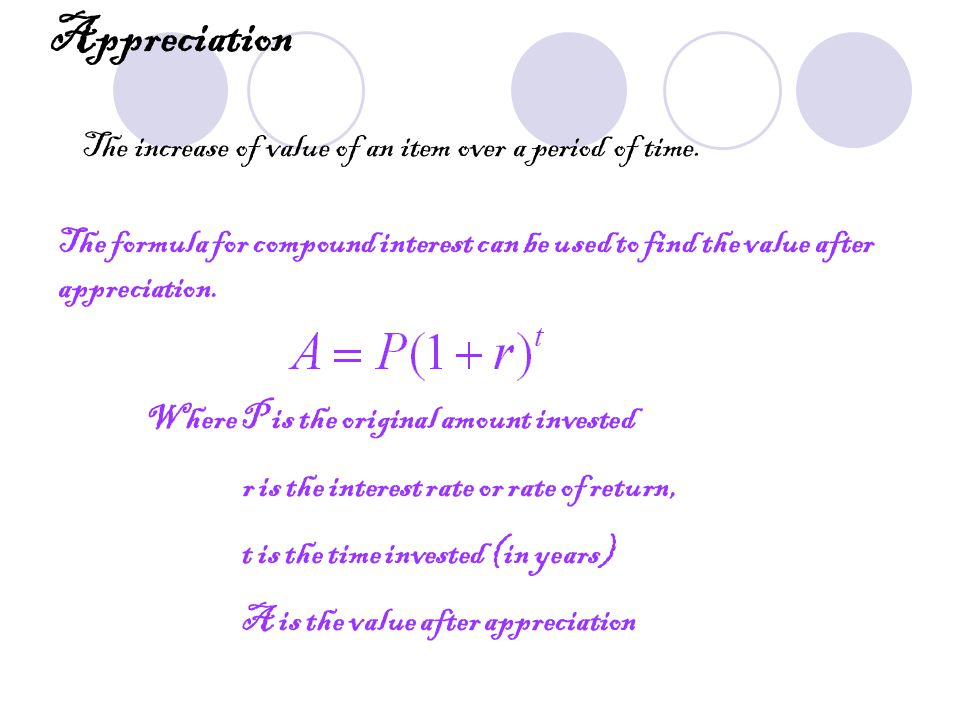 Neuropatía sonriendo temperatura NCTM Standards: 2 & 6. Appreciation The increase of value of an item over a  period of time. The formula for compound interest can be used to find the.  - ppt download