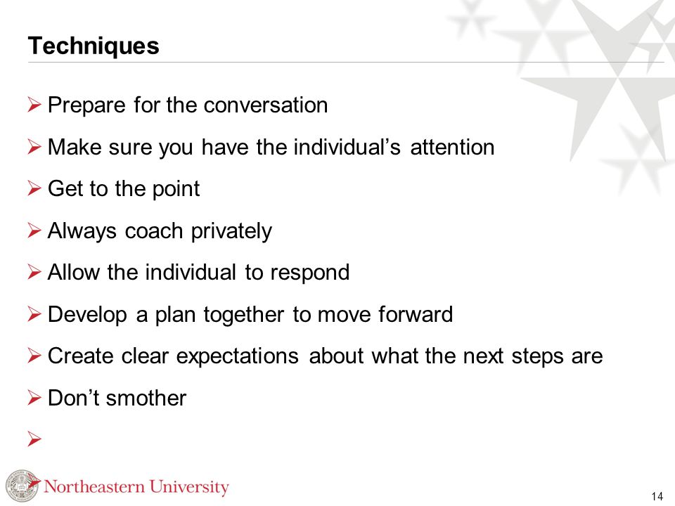 Techniques  Prepare for the conversation  Make sure you have the individual’s attention  Get to the point  Always coach privately  Allow the individual to respond  Develop a plan together to move forward  Create clear expectations about what the next steps are  Don’t smother  14