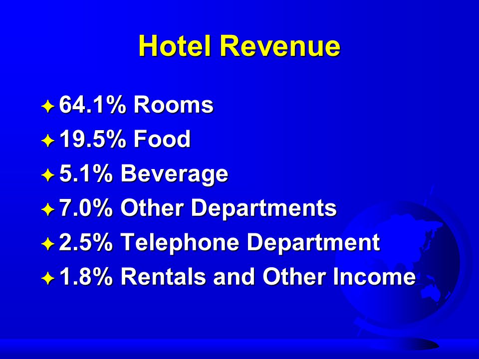 Hotel Revenue F 64.1% Rooms F 19.5% Food F 5.1% Beverage F 7.0% Other Departments F 2.5% Telephone Department F 1.8% Rentals and Other Income