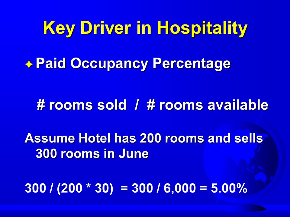 Key Driver in Hospitality F Paid Occupancy Percentage # rooms sold / # rooms available # rooms sold / # rooms available Assume Hotel has 200 rooms and sells 300 rooms in June 300 / (200 * 30) = 300 / 6,000 = 5.00%