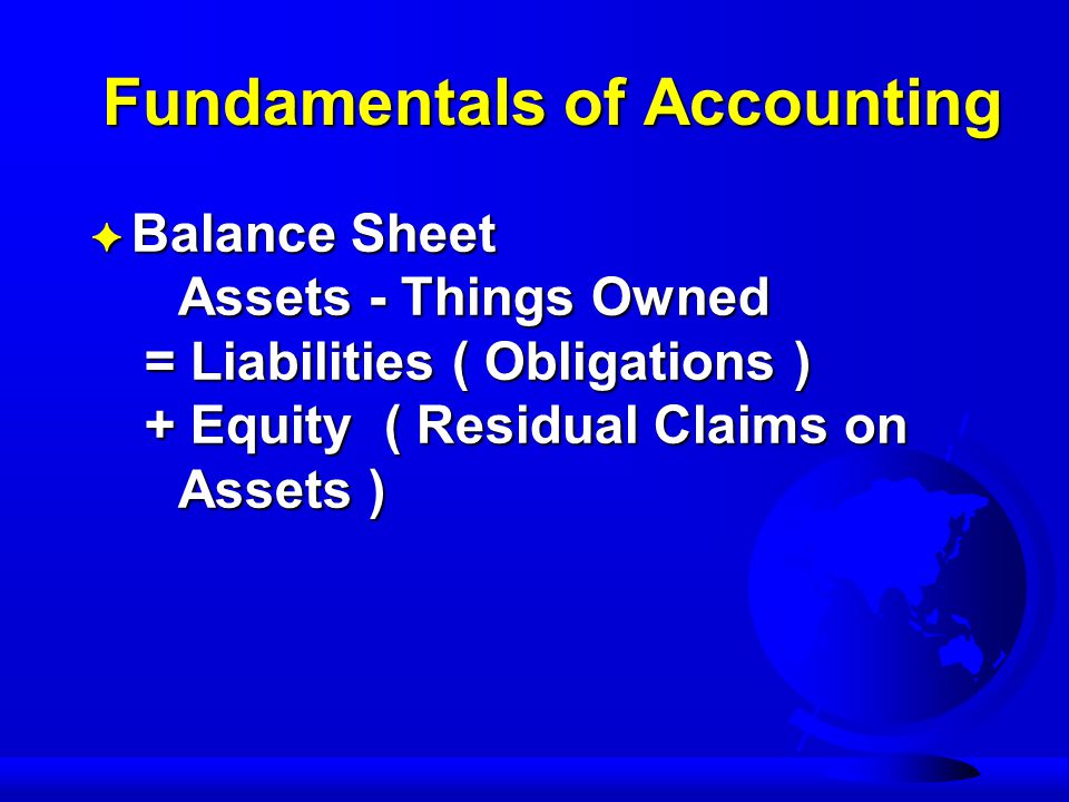 Fundamentals of Accounting F Balance Sheet Assets - Things Owned = Liabilities ( Obligations ) + Equity ( Residual Claims on Assets )