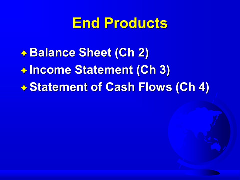 End Products F Balance Sheet (Ch 2) F Income Statement (Ch 3) F Statement of Cash Flows (Ch 4)