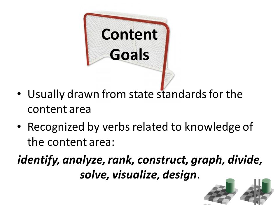 Usually drawn from state standards for the content area Recognized by verbs related to knowledge of the content area: identify, analyze, rank, construct, graph, divide, solve, visualize, design.