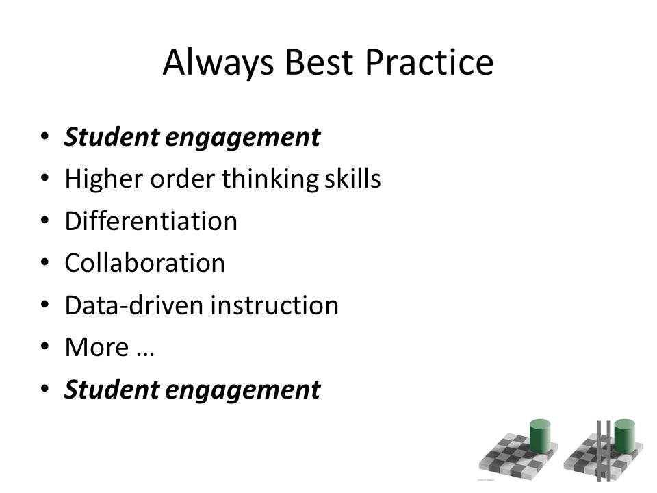 Always Best Practice Student engagement Higher order thinking skills Differentiation Collaboration Data-driven instruction More … Student engagement