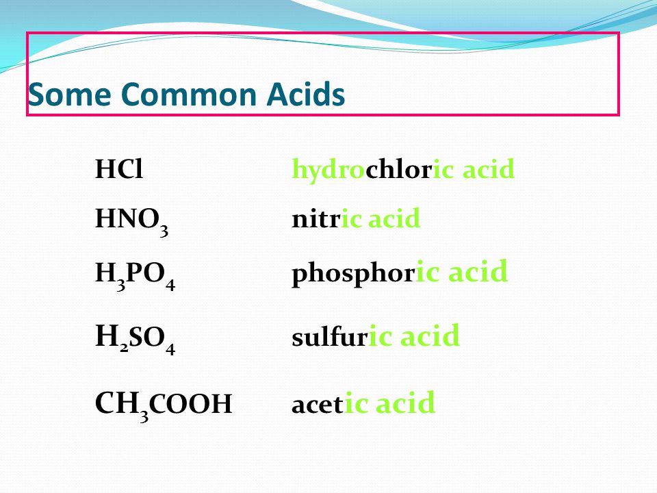 Some Common Acids HCl hydrochloric acid HNO 3 nitric acid H 3 PO 4 phosphor ic acid H 2 SO 4 sulfur ic acid CH 3 COOH acet ic acid