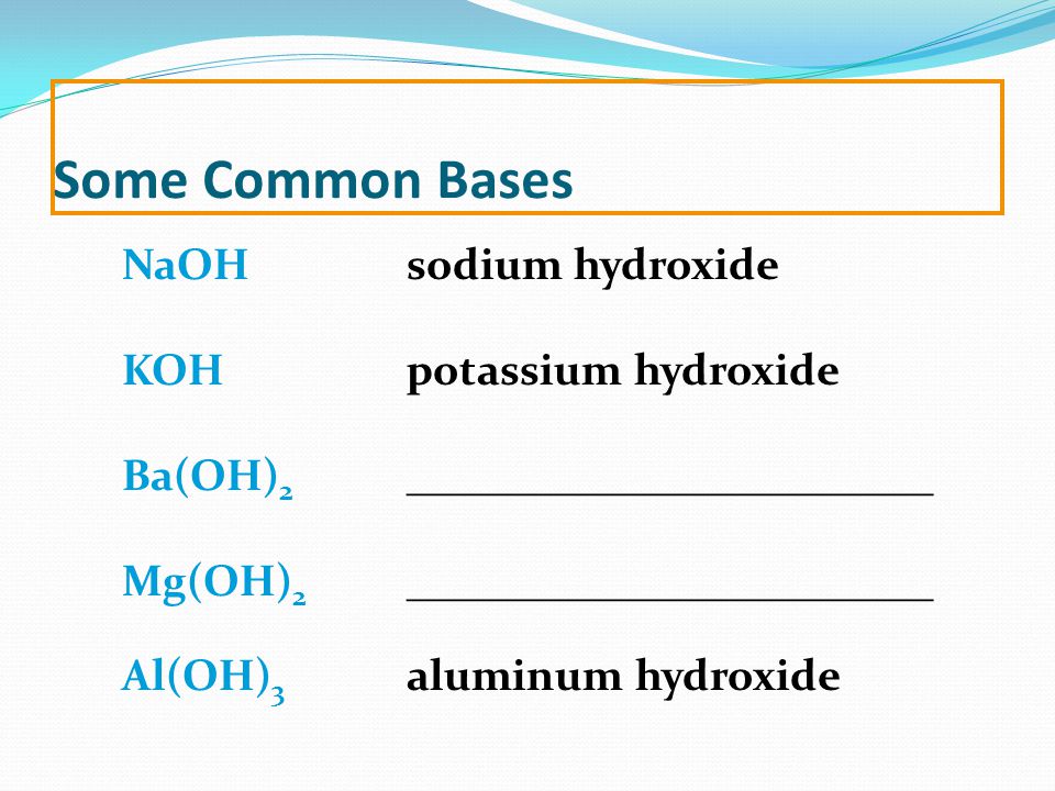 Some Common Bases NaOHsodium hydroxide KOH potassium hydroxide Ba(OH) 2 ________________________ Mg(OH) 2 ________________________ Al(OH) 3 aluminum hydroxide