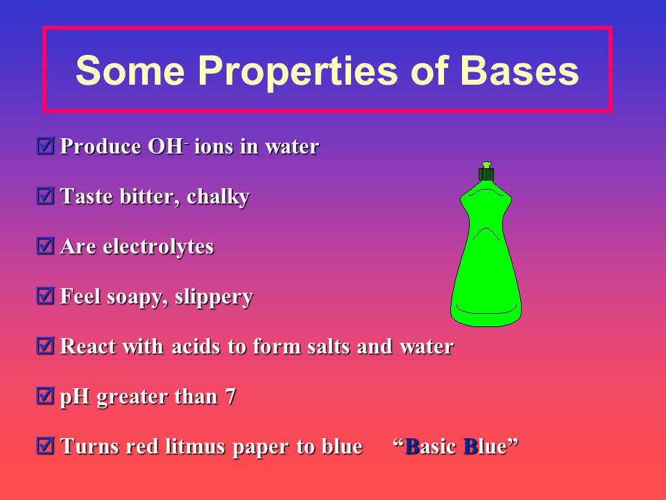 Some Properties of Bases  Produce OH - ions in water  Taste bitter, chalky  Are electrolytes  Feel soapy, slippery  React with acids to form salts and water  pH greater than 7  Turns red litmus paper to blue Basic Blue
