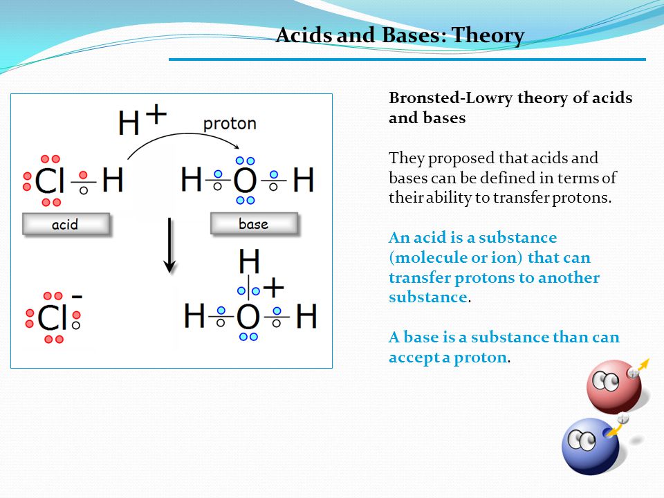 Acids and Bases: Theory Bronsted-Lowry theory of acids and bases They proposed that acids and bases can be defined in terms of their ability to transfer protons.