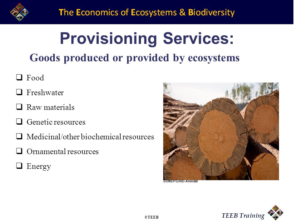 TEEB Training Provisioning Services: Goods produced or provided by ecosystems  Food  Freshwater  Raw materials  Genetic resources  Medicinal/other biochemical resources  Ornamental resources  Energy ©UNEP/GRID-Arendal ©TEEB