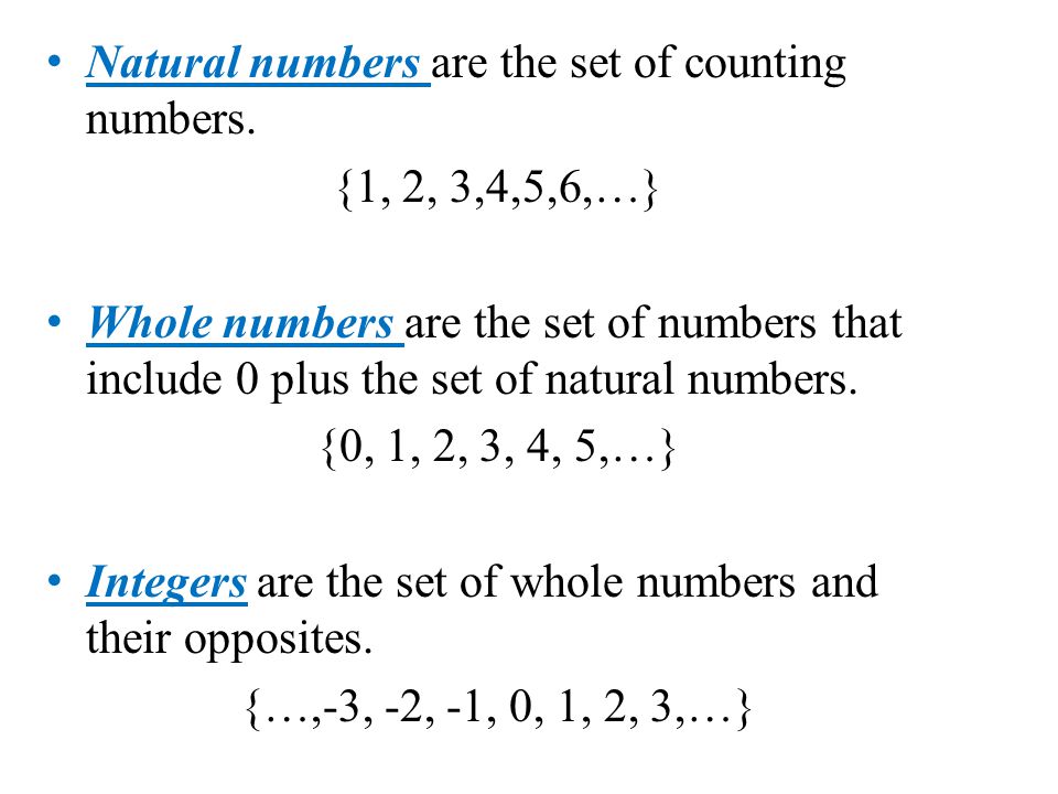 Natural numbers are the set of counting numbers.