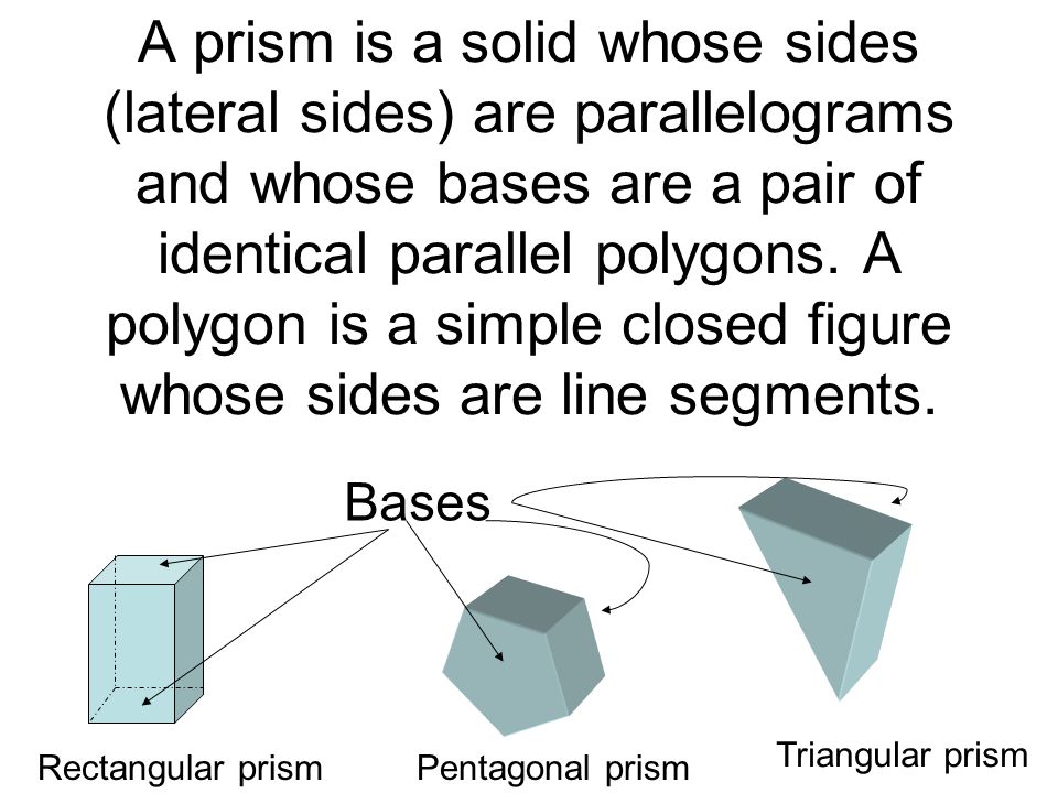 A prism is a solid whose sides (lateral sides) are parallelograms and whose bases are a pair of identical parallel polygons.
