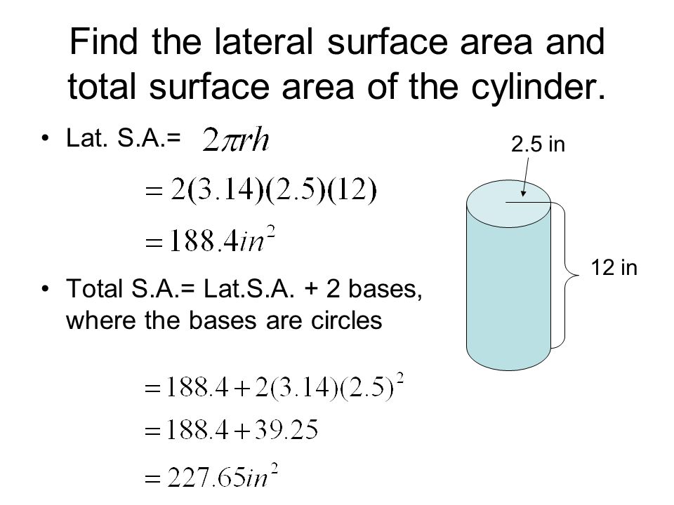 Find the lateral surface area and total surface area of the cylinder.
