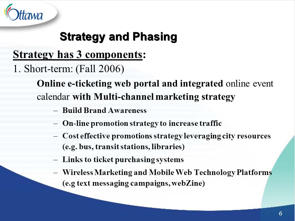 6 Strategy and Phasing Strategy has 3 components: 1.Short-term: (Fall 2006) Online e-ticketing web portal and integrated online event calendar with Multi-channel marketing strategy –Build Brand Awareness –On-line promotion strategy to increase traffic –Cost effective promotions strategy leveraging city resources (e.g.