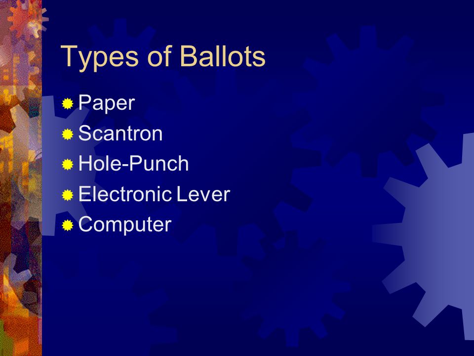 Types of Ballots  Paper  Scantron  Hole-Punch  Electronic Lever  Computer