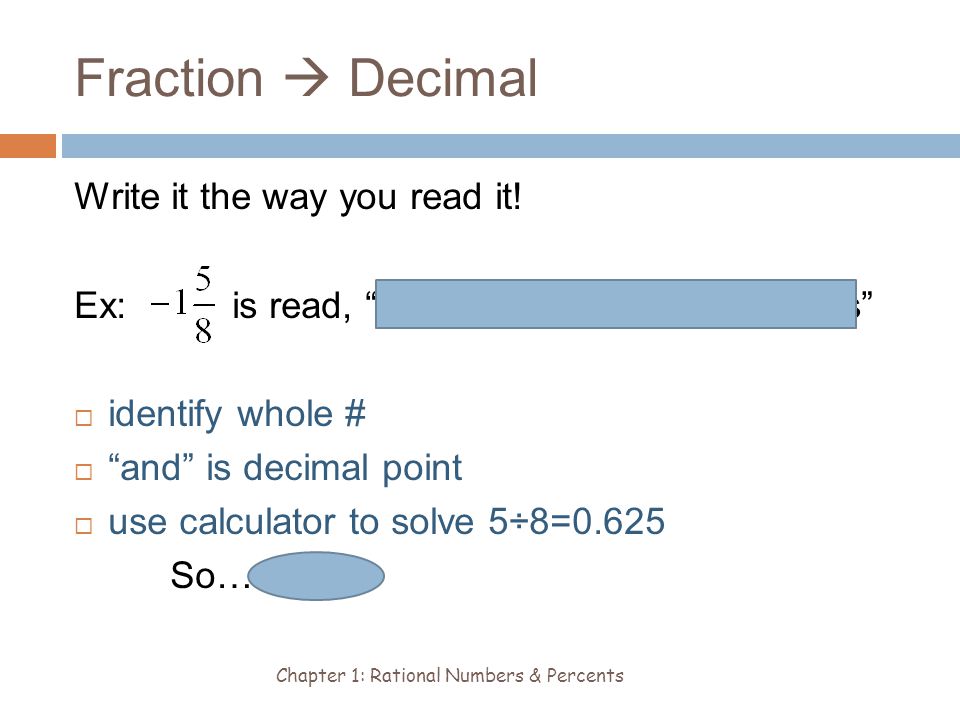 Fraction  Decimal Chapter 1: Rational Numbers & Percents Write it the way you read it.
