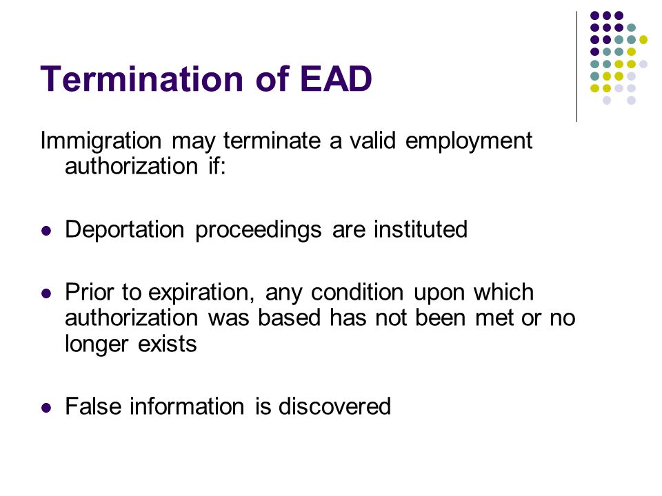 Termination of EAD Immigration may terminate a valid employment authorization if: Deportation proceedings are instituted Prior to expiration, any condition upon which authorization was based has not been met or no longer exists False information is discovered