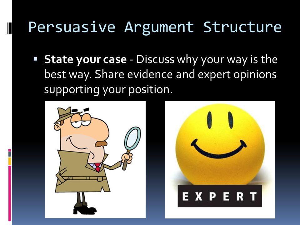 Persuasive Argument Structure  State your case - Discuss why your way is the best way.