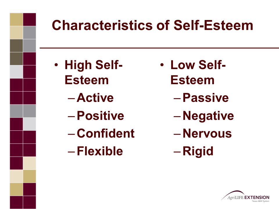 Characteristics of Self-Esteem High Self- Esteem –Active –Positive –Confident –Flexible Low Self- Esteem –Passive –Negative –Nervous –Rigid