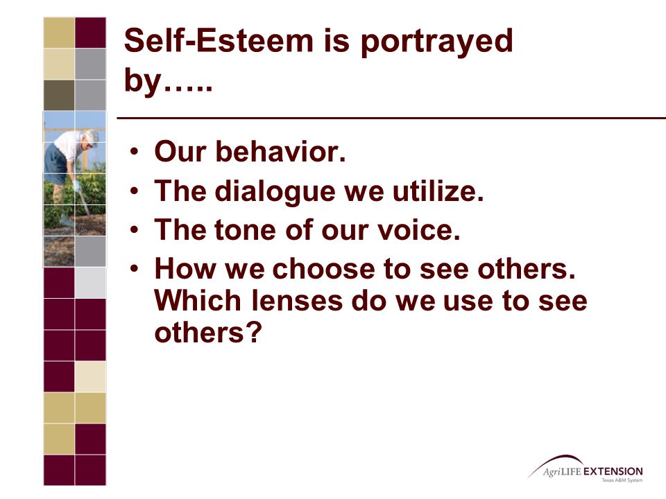 Self-Esteem is portrayed by….. Our behavior. The dialogue we utilize.