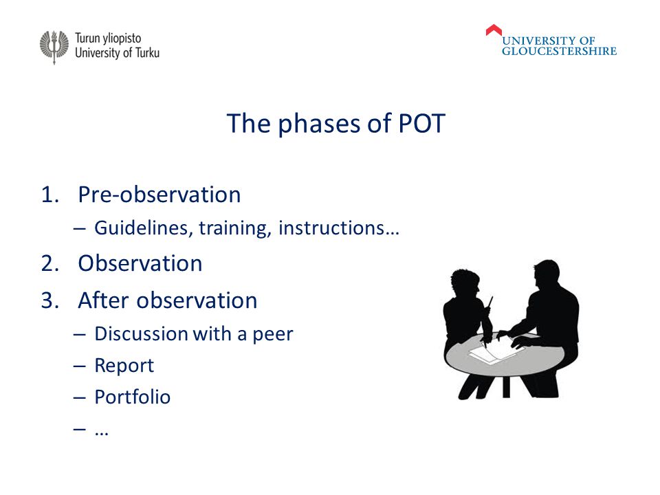 The phases of POT 1.Pre-observation – Guidelines, training, instructions… 2.Observation 3.After observation – Discussion with a peer – Report – Portfolio – …