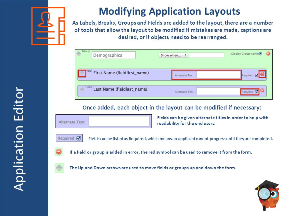 Application Editor Modifying Application Layouts As Labels, Breaks, Groups and Fields are added to the layout, there are a number of tools that allow the layout to be modified if mistakes are made, captions are desired, or if objects need to be rearranged.