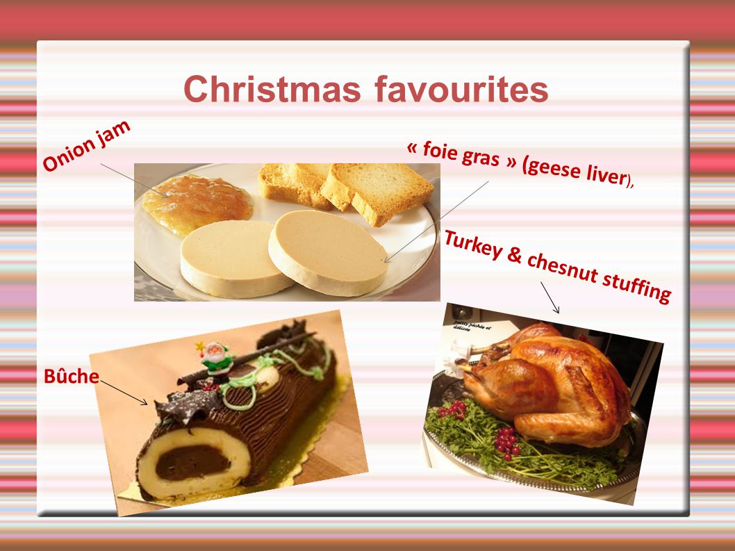 Christmas favourites Bûche « foie gras » (geese liver ), Onion jam Turkey & chesnut stuffing