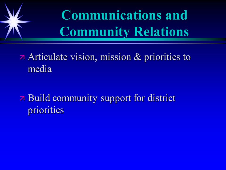 Communications and Community Relations ä Articulate vision, mission & priorities to media ä Build community support for district priorities