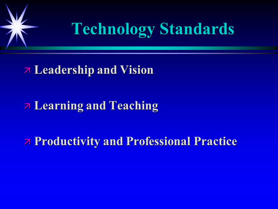 Technology Standards ä Leadership and Vision ä Learning and Teaching ä Productivity and Professional Practice