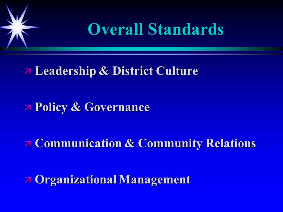 Overall Standards ä Leadership & District Culture ä Policy & Governance ä Communication & Community Relations ä Organizational Management