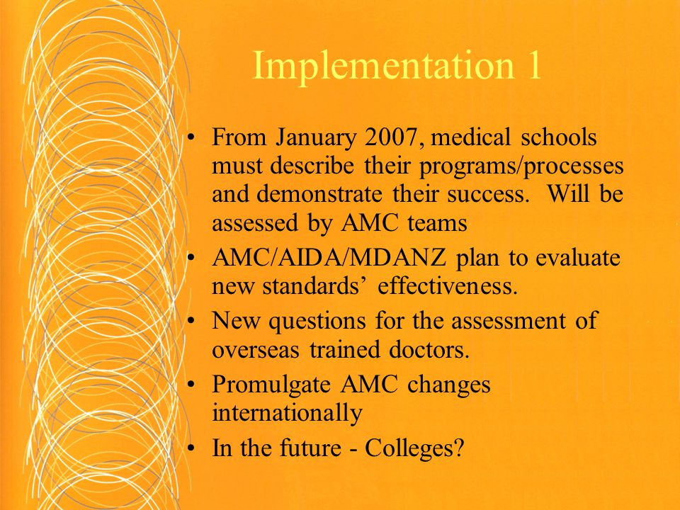 Implementation 1 From January 2007, medical schools must describe their programs/processes and demonstrate their success.