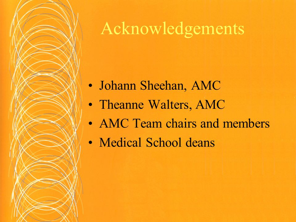 Acknowledgements Johann Sheehan, AMC Theanne Walters, AMC AMC Team chairs and members Medical School deans