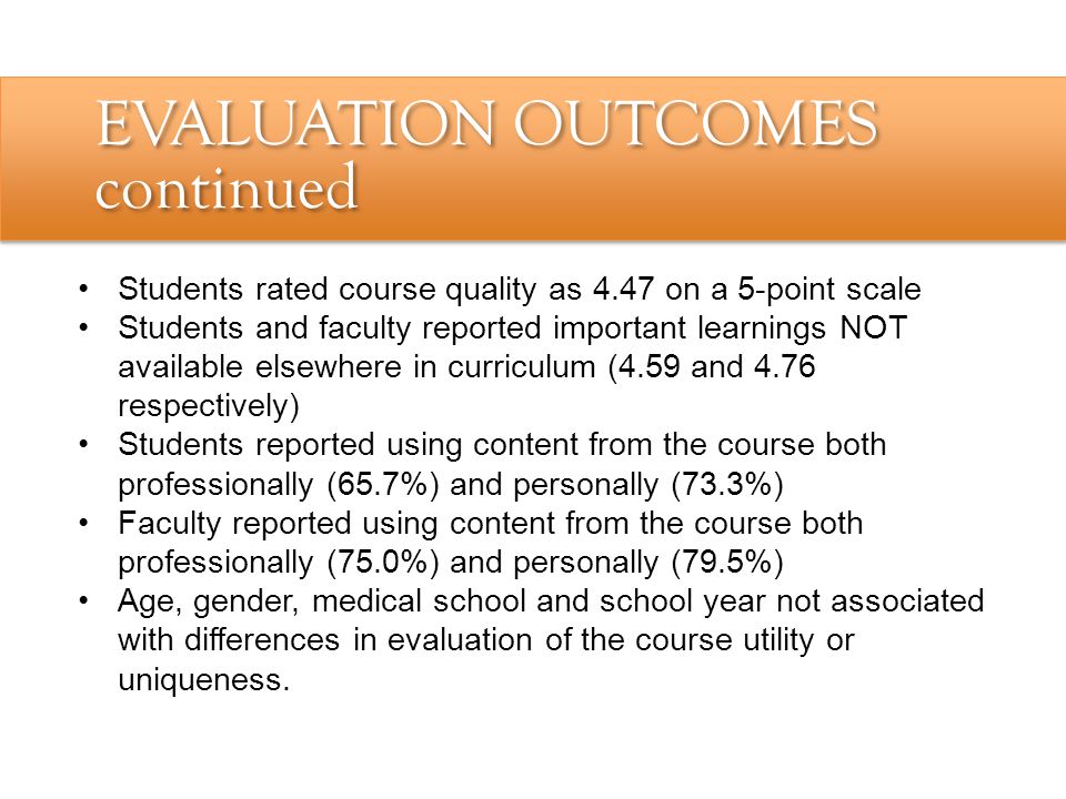 Students rated course quality as 4.47 on a 5-point scale Students and faculty reported important learnings NOT available elsewhere in curriculum (4.59 and 4.76 respectively) Students reported using content from the course both professionally (65.7%) and personally (73.3%) Faculty reported using content from the course both professionally (75.0%) and personally (79.5%) Age, gender, medical school and school year not associated with differences in evaluation of the course utility or uniqueness.