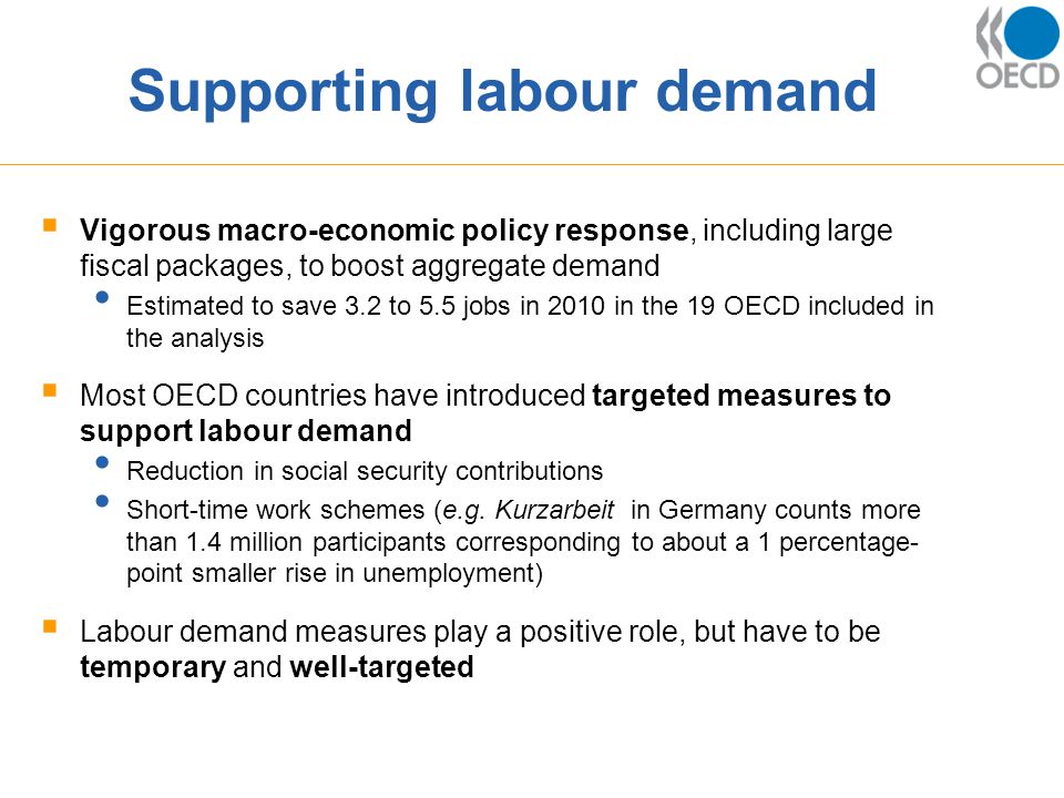 Supporting labour demand  Vigorous macro-economic policy response, including large fiscal packages, to boost aggregate demand Estimated to save 3.2 to 5.5 jobs in 2010 in the 19 OECD included in the analysis  Most OECD countries have introduced targeted measures to support labour demand Reduction in social security contributions Short-time work schemes (e.g.